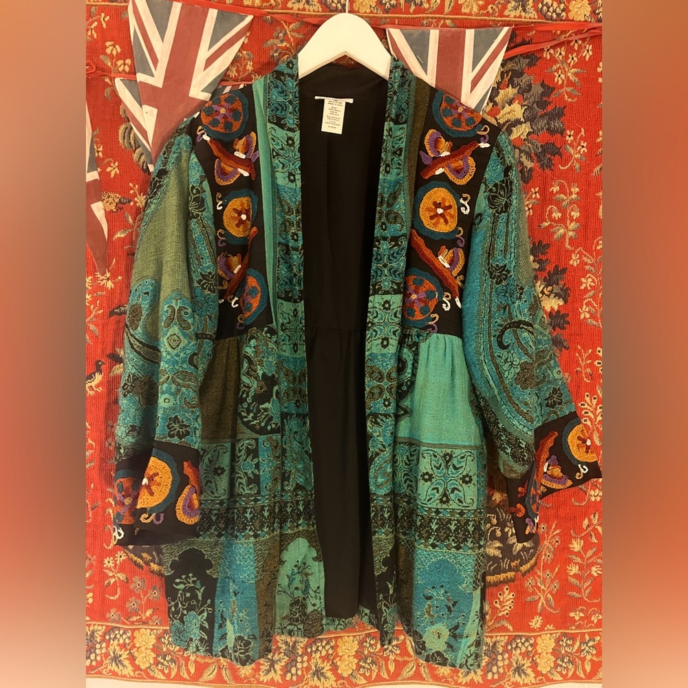 Soft Surroundings Silk Stunning Boho Embroidered 3/4 Sleeve Blazer Jacket Coat - Picture 2 of 6